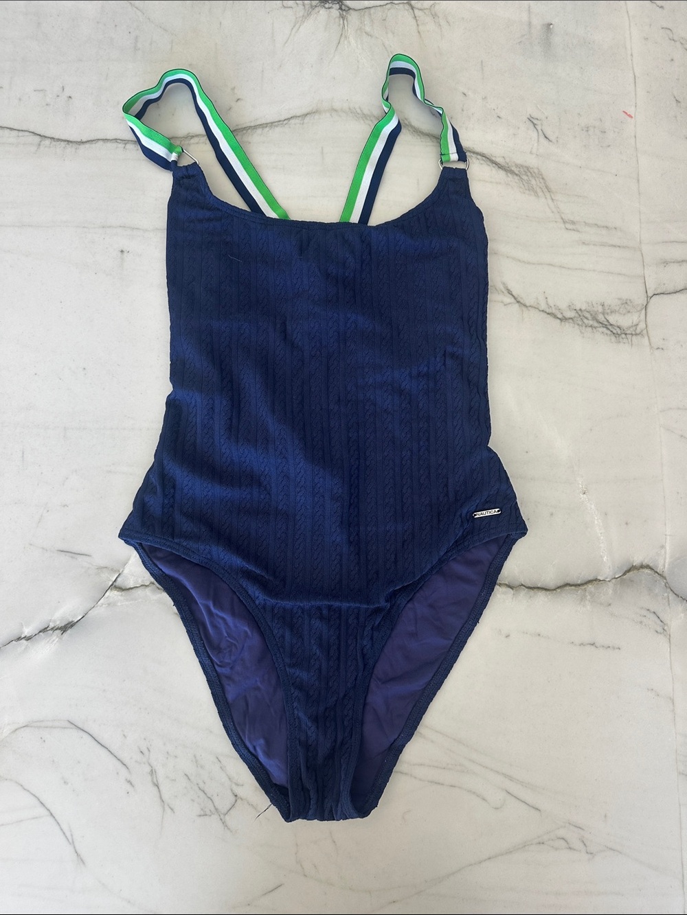 Speedo Navy One-Piece Swimsuit with Green-White-Blue Striped Straps